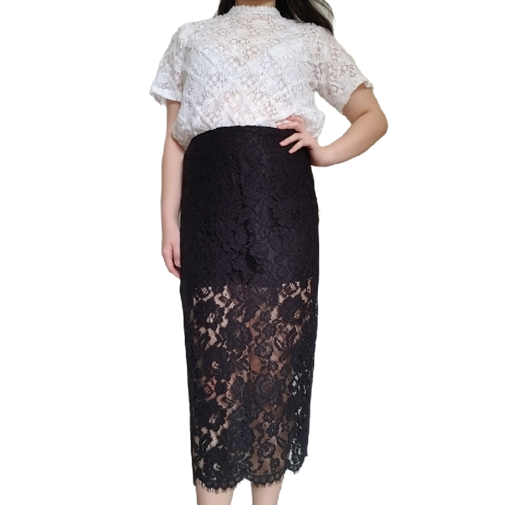 High-Waisted Lace Pencil Skirt (Black)